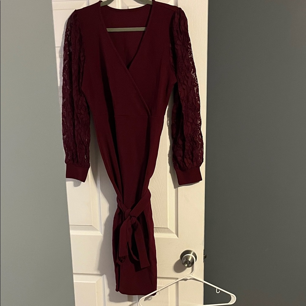 Elegant Lace Sleeve Wrap Dress in Rich Burgundy